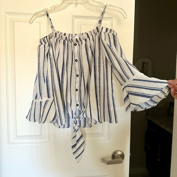 NAVY/WHITE BELL SLEEVE / OFF THE SHOULDER / BLOUSE - Picture 1 of 11